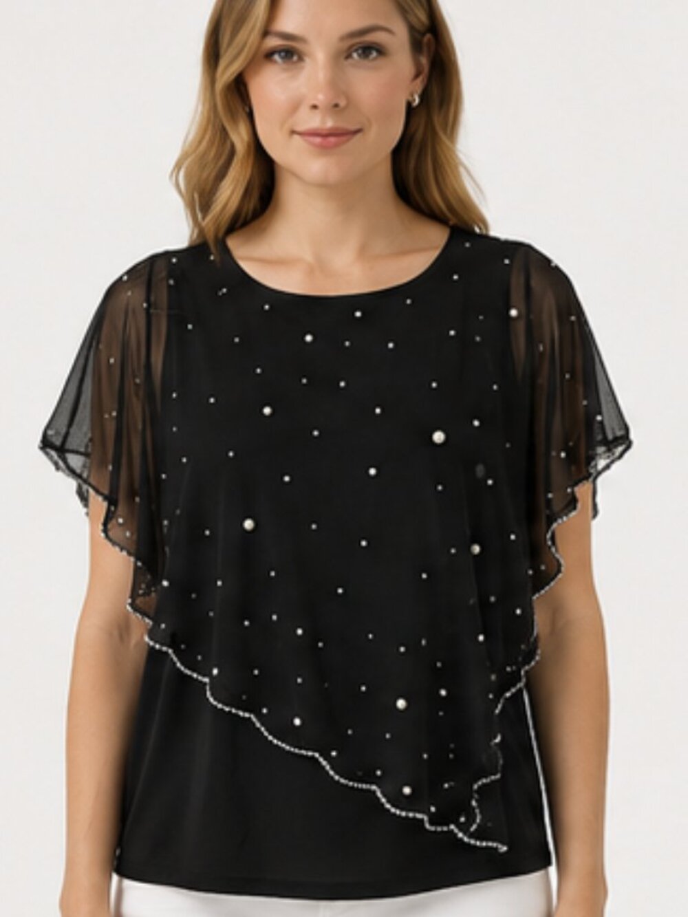 MSK Petite Black Pearl & Rhinestone Overlay Blouse Size Missing